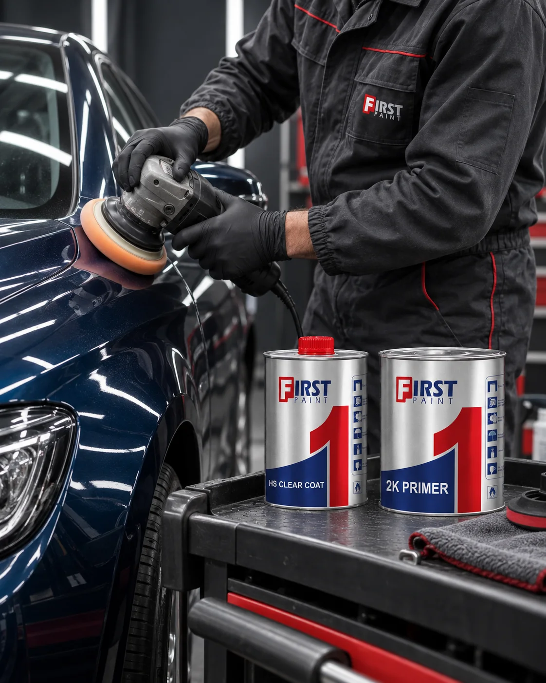 First Paint HS Clear Coat and 2K Primer alongside professional automotive polishing