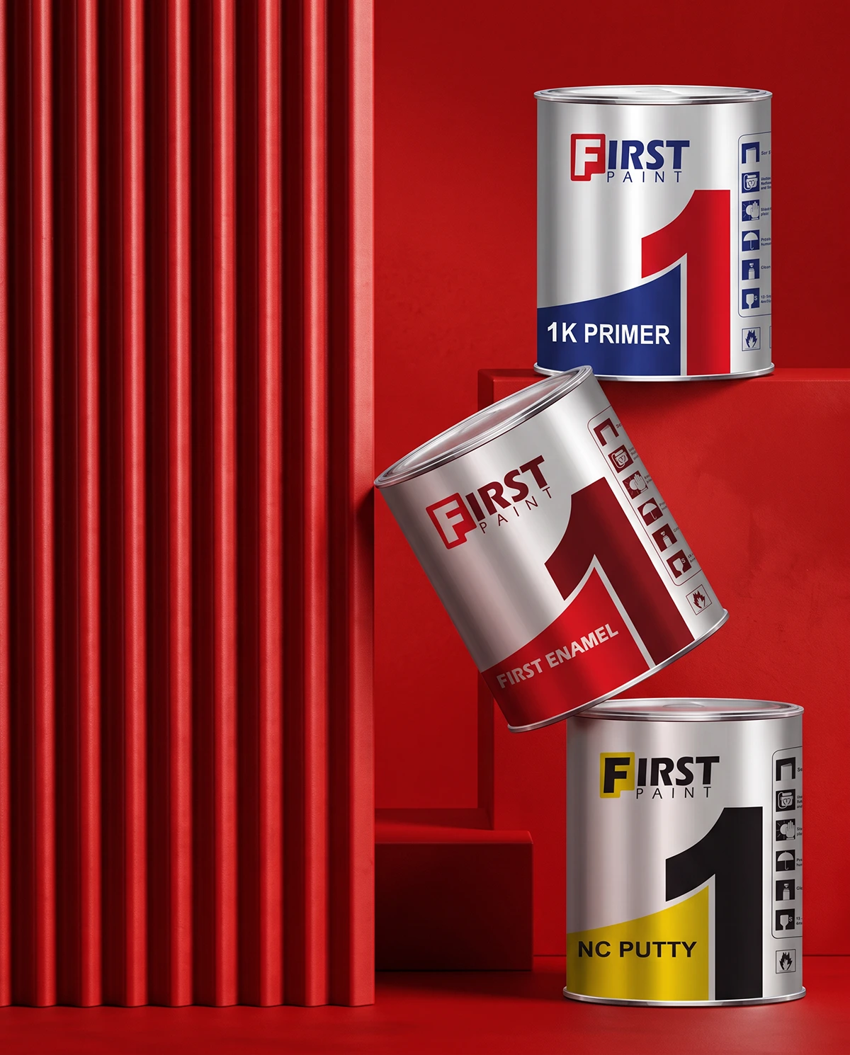 A selection of First Paint products arranged for a retail and distribution portfolio