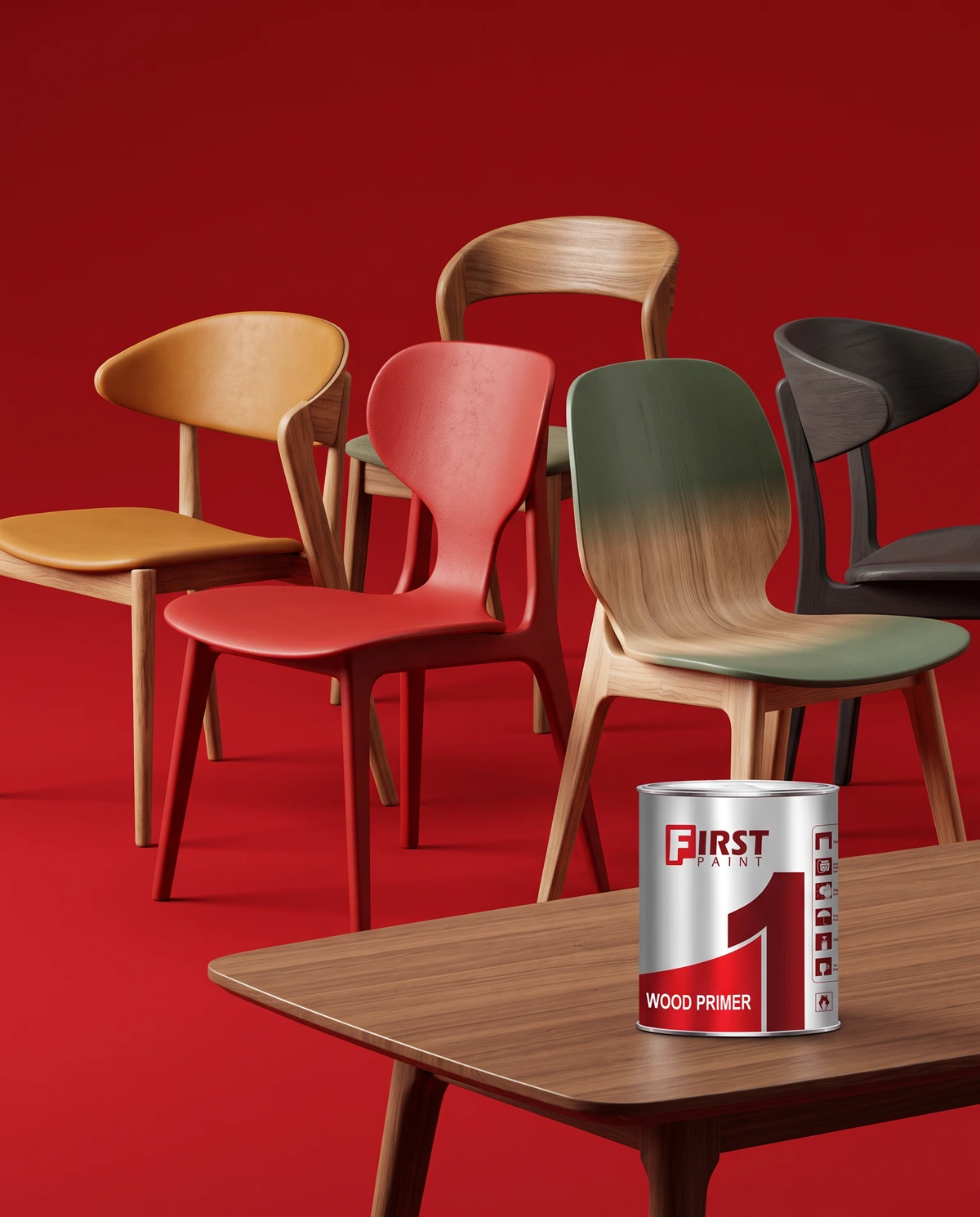 Colourful finished wooden chairs with a First Paint wood primer can